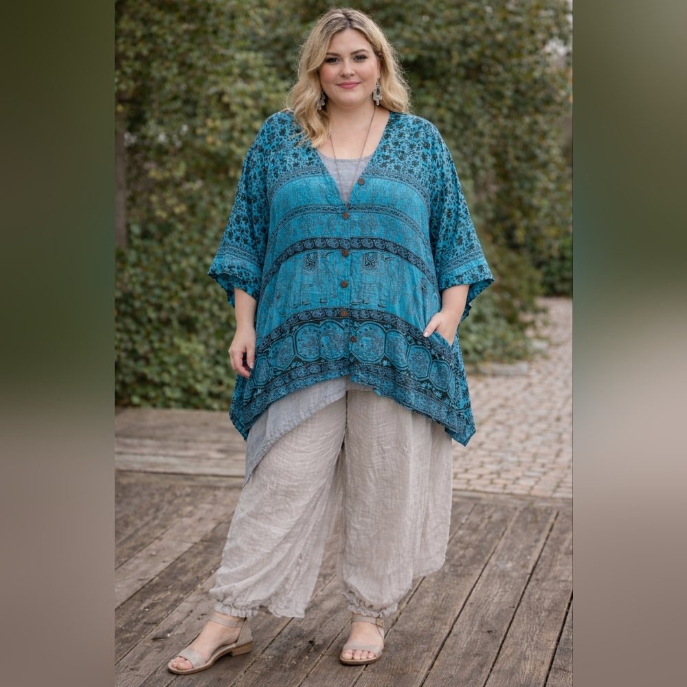 Indie Boho Elephant Print Lagenlook Tunic Top 1X Cotton Oversized Festival Chore